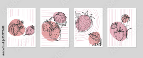Set of Abstract Strawberry Hand Painted Illustrations for Wall Decoration, minimalist flower in sketch style. Postcard, Social Media Banner, Brochure Cover Design Background. Modern Abstract Artwork.