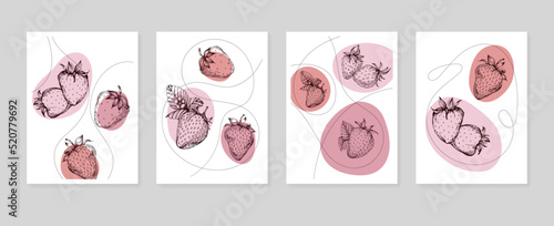 Set of Abstract Strawberry Hand Painted Illustrations for Wall Decoration, minimalist flower in sketch style. Postcard, Social Media Banner, Brochure Cover Design Background. Modern Abstract Artwork.