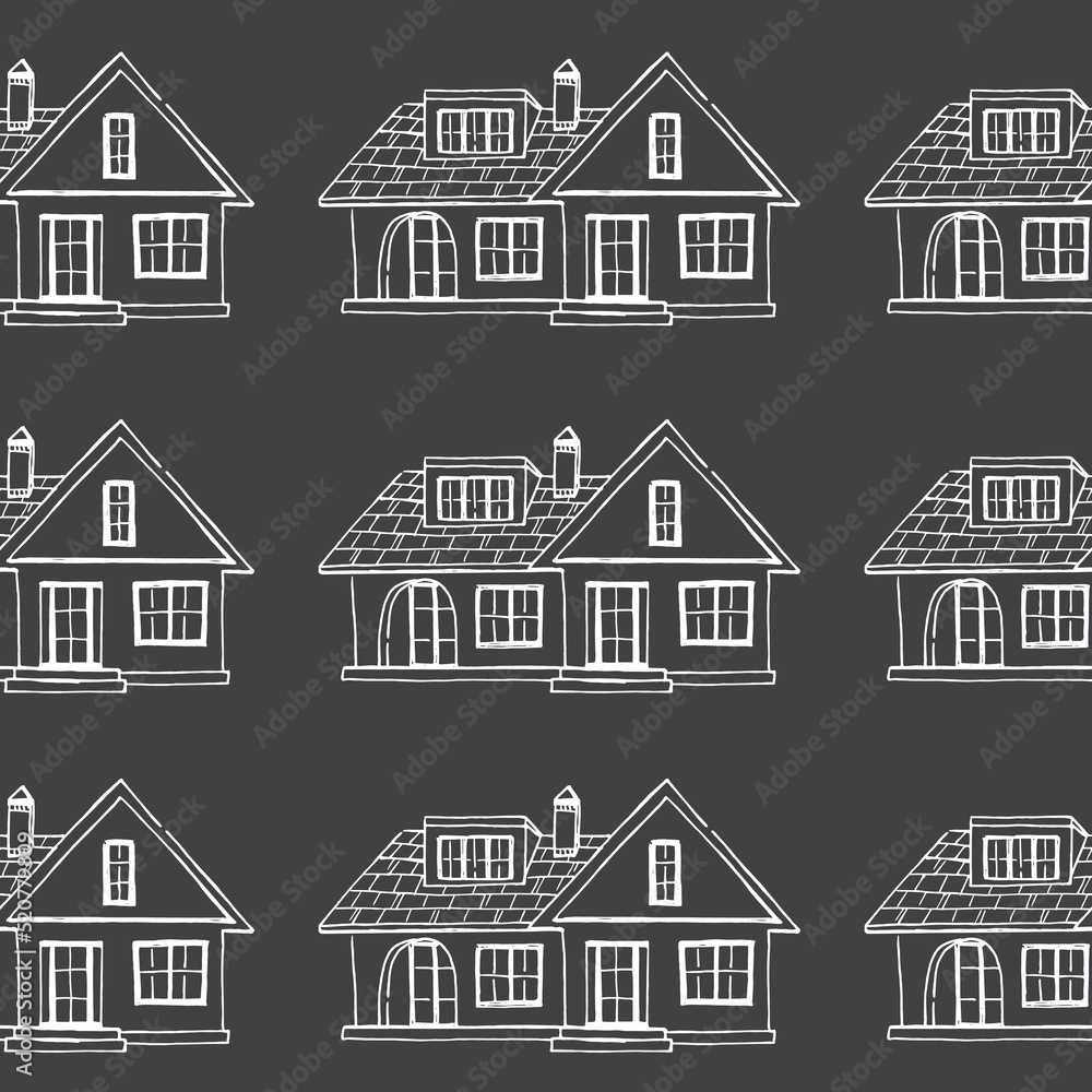 Seamless Pattern of white color Houses illustration on black background
