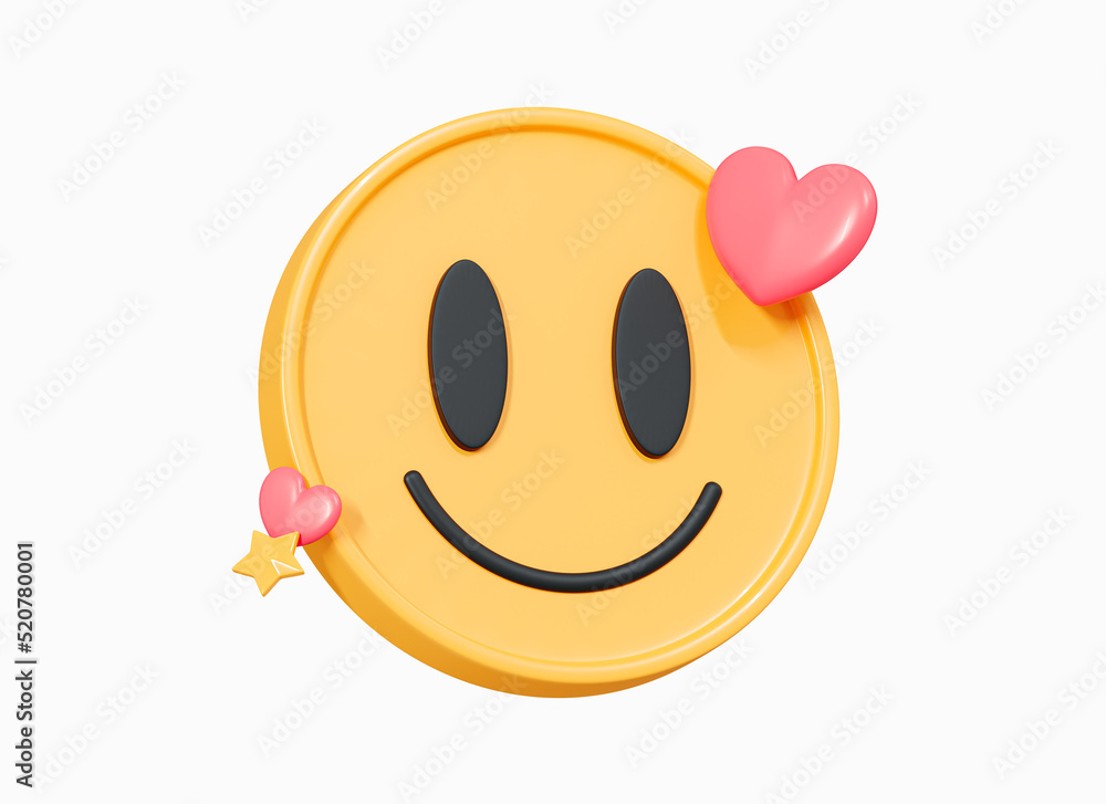 Obraz premium 3d Smile with hearts. Good vibes and positive emotion. Retro style 90s. Social network emoji. Happy emoticon. Like and love. Cartoon creative design icon isolated on white background. 3D Rendering