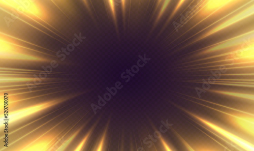 Sun rays, zoom in motion effect, light color trails, manga speed frame concept. Speed of light, stars in motion, radial overlay vector backdrop.