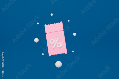 Fototapeta Naklejka Na Ścianę i Meble -  Pink 3D coupon with discounts on blue background. 3d voucher gift. A ticket with a percentage discount. 3d rendering illustration..