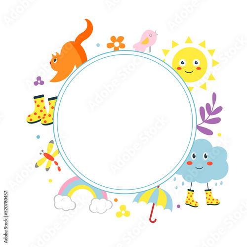 Colorful background for kids. Frame with many cute characters. illustration.