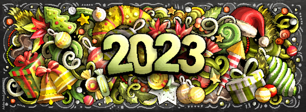 2023 doodles horizontal illustration. New Year objects and elements poster