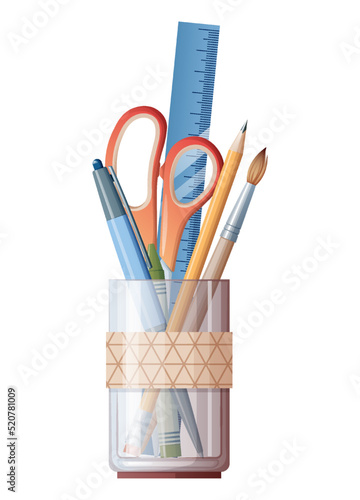 Pencil with stationery pen, scissors, pencils on a white background. School, office supplies