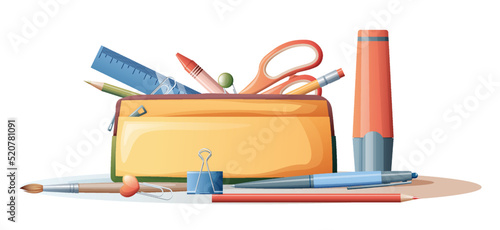School pencil case with stationery on isolated background. School educational supplies, study. Scissors, pencil, pen. Suitable for sticker design and decor posters, banners