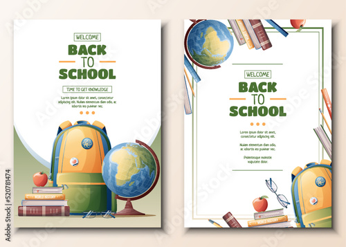 Set of flyer template with school backpack, globe and textbooks. School time, back to school, education. Flyer, poster, banner size a 4.