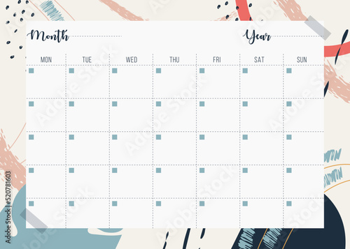 Monthly planner calendar template. Simple printable to do list. Business organizer page. Paper sheet. Realistic vector illustration. A4 and US Letter Ai, RGB/CMYK
