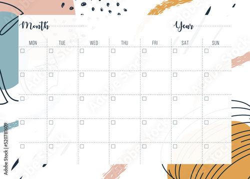 Monthly planner calendar template. Simple printable to do list. Business organizer page. Paper sheet. Realistic vector illustration. A4 and US Letter Ai, RGB/CMYK