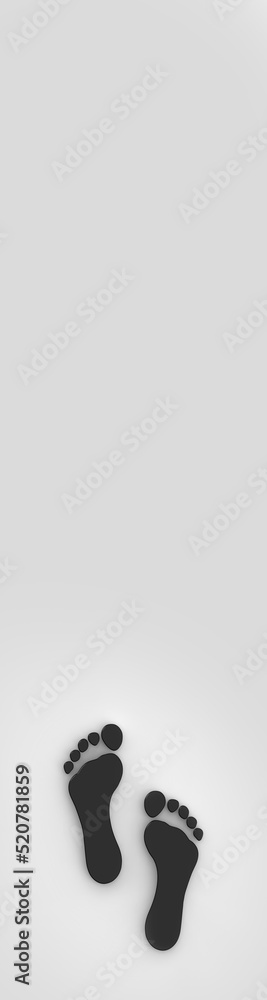 footprint of a man on a white background. black trail. the concept of moving forward. Vertical banner for insertion into site. Place for text cope space. 3d rendering. 3d image. footprint of a man on a white background. black trail. the concept of moving forward. Vertical banner for insertion into site. Place for text cope space. 3d rendering. 3d image.