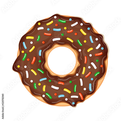 Delicious donut with chocolate and bright sweet sprinkles isolated on white background. Realistic vector illustration of sweet pastries.