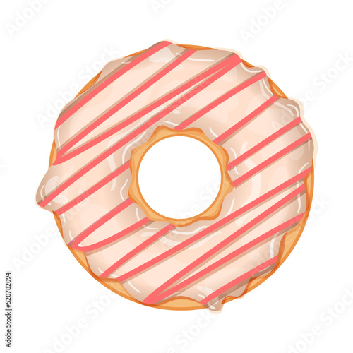 Delicious donut with white chocolate and pink icing isolated on white background. Realistic vector illustration of sweet pastries.