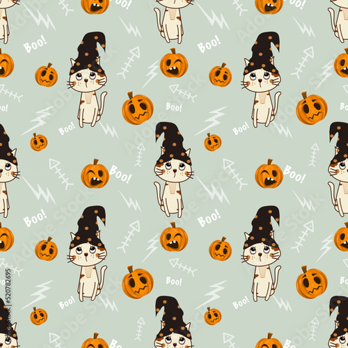 Cute seamless pattern of Halloween cat,pumpkin,skull,heart shapes on green.happy Halloween concept vector illustration.design for texture,fabric,clothing,decoration.wrapping,print.cartoon character.