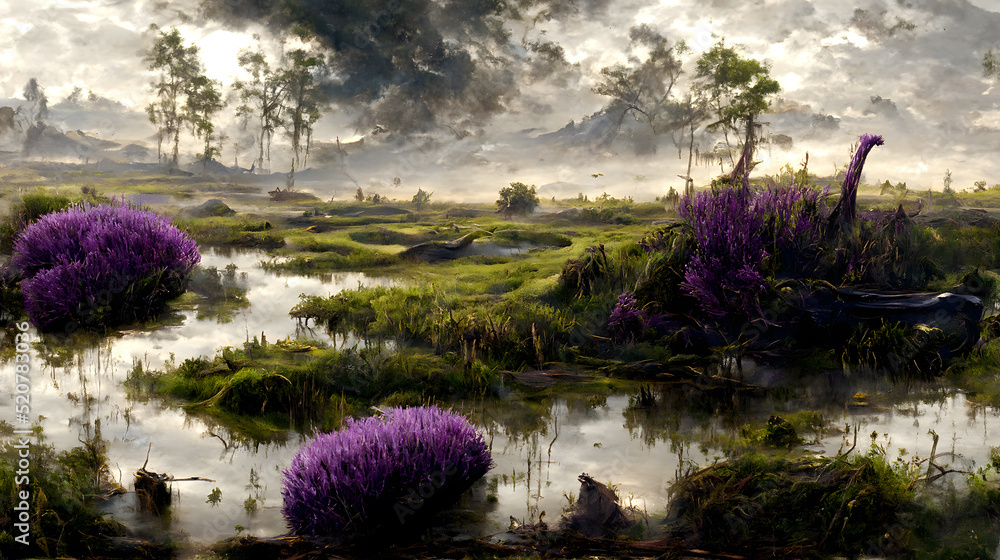 Artistic concept of painting a beautiful landscape of wild nature, with flowery meadows in the background. Tender and dreamy design, Generative AI Artistic concept of painting a beautiful landscape of wild nature, with flowery meadows in the background. Tender and dreamy design, Generative AI