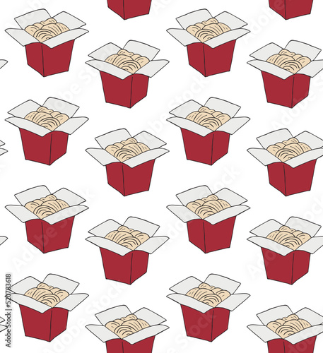 Vector seamless pattern of hand drawn doodle sketch colored Chinese wok noodles isolated on white background
