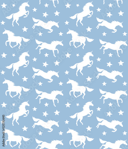 Vector seamless pattern of hand drawn flat unicorn silhouette isolated on blue background