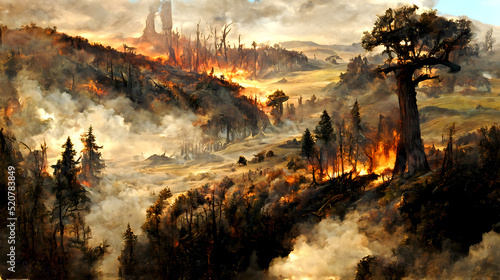 Artistic concept painting of a beautiful wilderness landscape, with a fire in the background. Illustration painting 