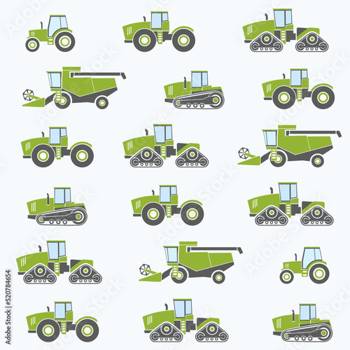Agriculture and agricultural machinery vehicles flat icons collection set. Harvester, tractor, Seamless pattern. Farm. Vehicle for field farming work and land  processing. Isolated vector illustration