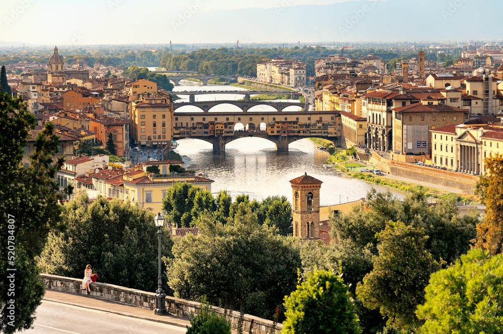 Florence, Tuscany, Italy. Classic view of the Ponte Vecchio and the River Arno from the Piazzale Michelangelo. Firenze