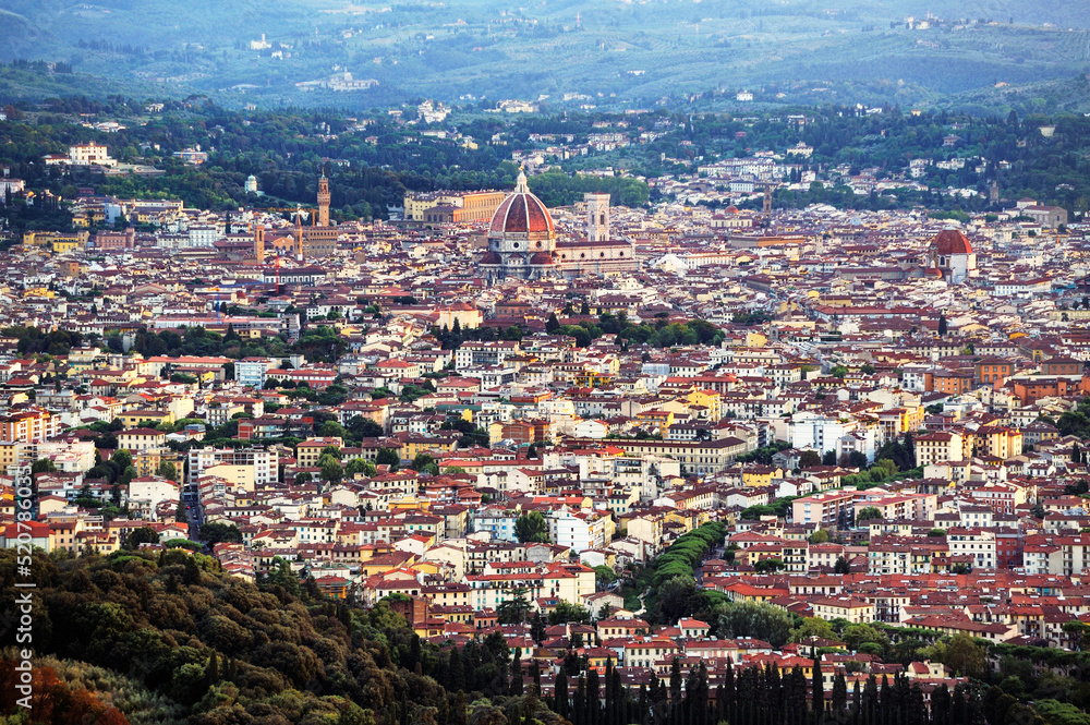 Florence, Tuscany, Italy. Classic view over the city centre from Fiesole. Summer evening