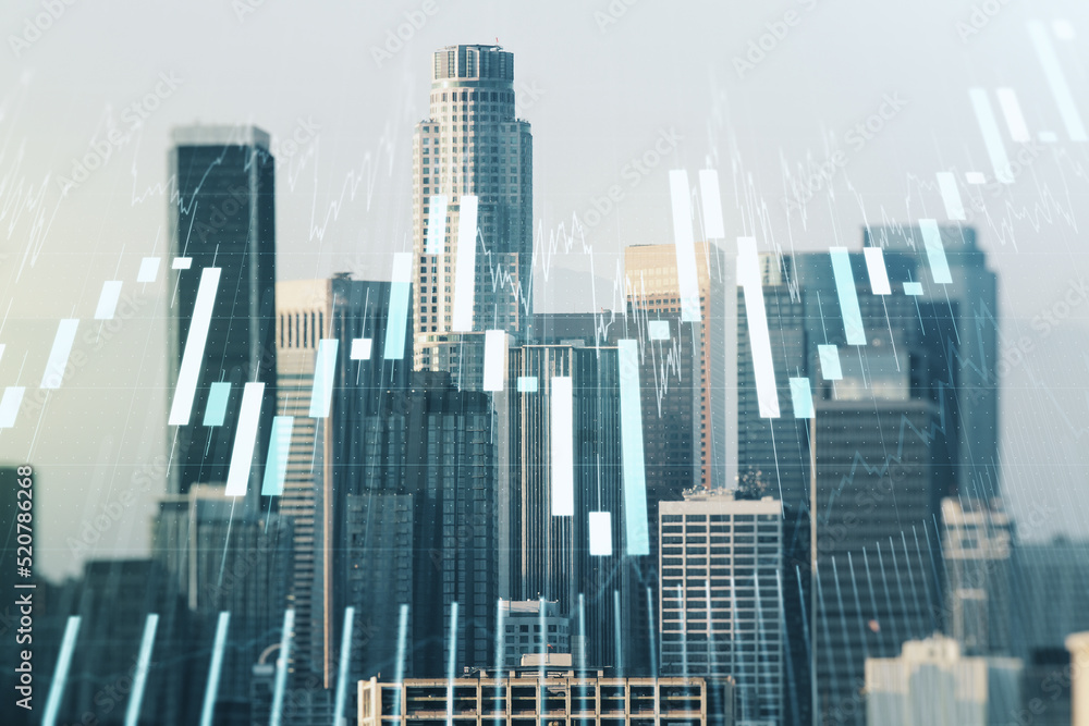 Multi exposure of abstract virtual financial graph hologram on Los Angeles skyline background, forex and investment concept