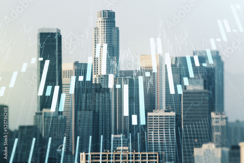 Multi exposure of abstract virtual financial graph hologram on Los Angeles skyline background  forex and investment concept