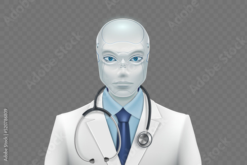 Doctor robot in a medical coat and a stethoscope.