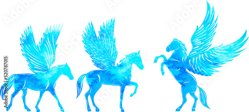 silhouette blue pegasus watercolor on white background isolated, vector