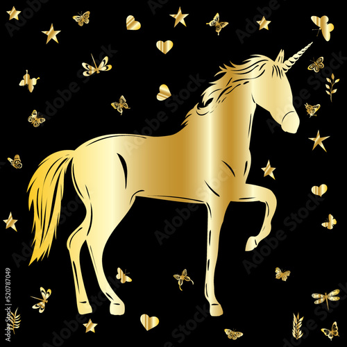 silhouette golden unicorn, stars on black background isolated