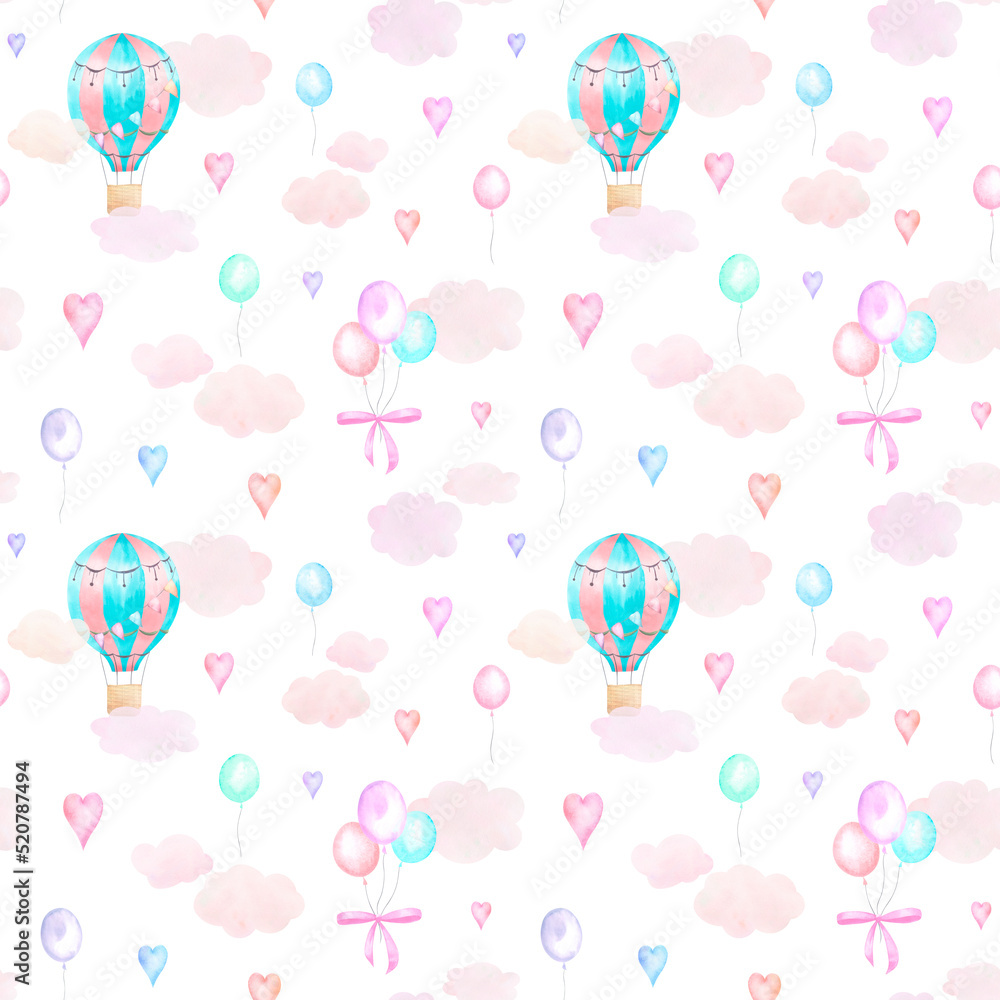 Naklejka premium Watercolor seamless pattern of balloons in clouds on a white background. Children's illustration.