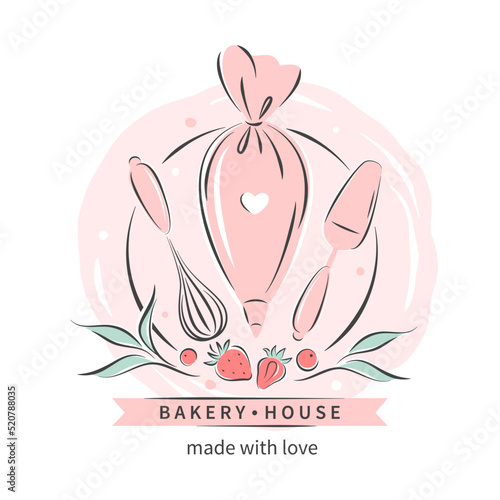 Bakery house. Set of tools for making cakes, cookies and pastries. Logo for confectionery or bakery. Vector illustration for menu, recipe book, baking shop, cafe.