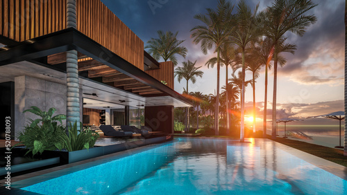 3d rendering of modern cozy house with parking and pool for sale or rent with wood plank facade by the sea or ocean. Sunset evening by the azure coast with palm trees and flowers in tropical island