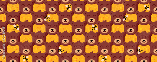 Cartoon cute smiling teddy bear face and little bee on flowing honey background seamless pattern