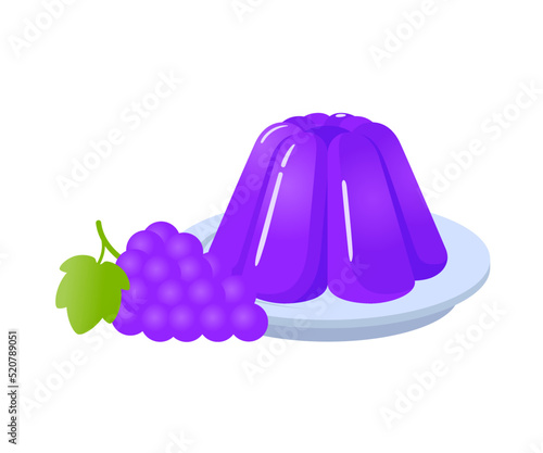 Purple jelly sweet dessert on plate with grape berry cartoon vector illustration
