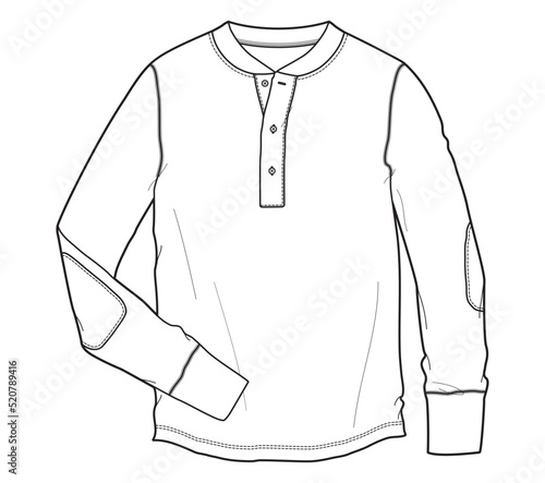 henley neck long sleeve t shirt with elbow patch fashion flat sketch vector illustration template