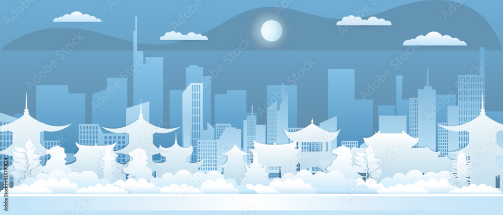 Vector poster with a view of the architecture of China. City landscape. Asian city.