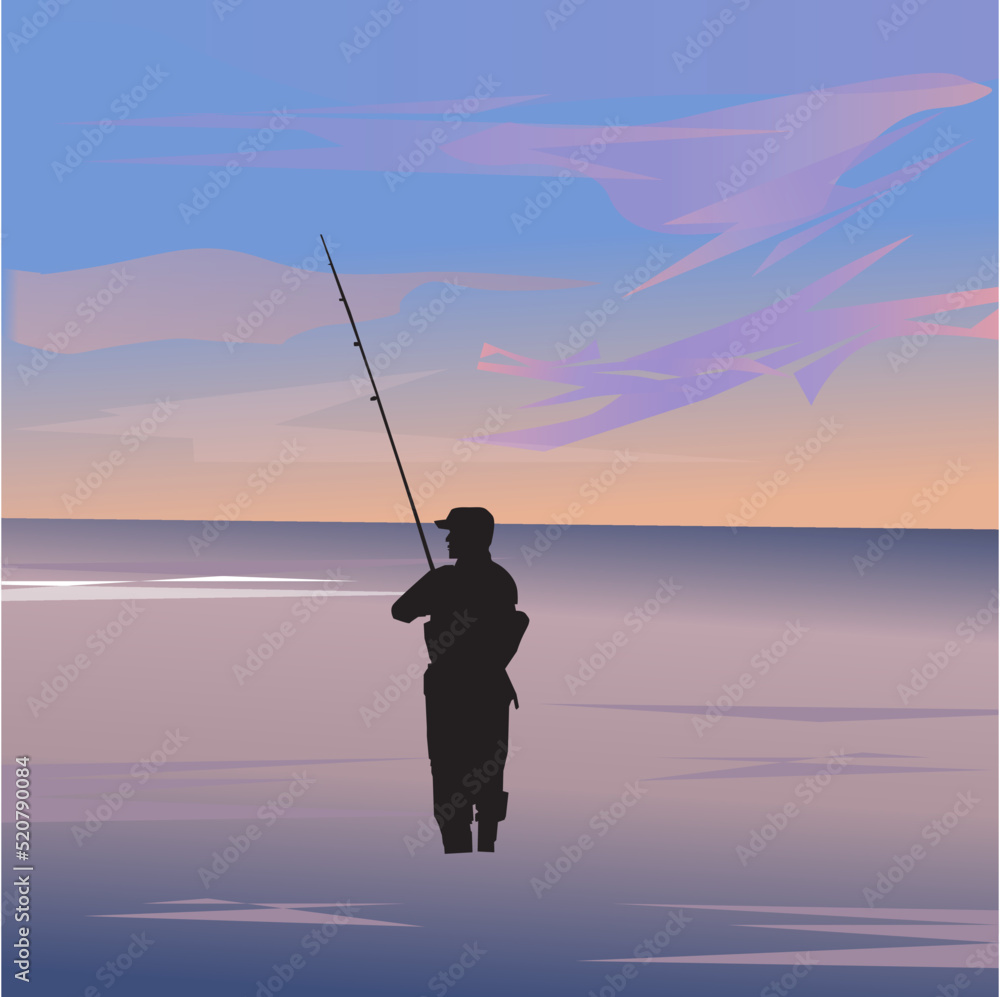 Man fishing at sunset on the beach.