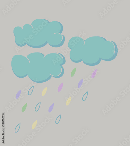 Vector illustration of three clouds and rain. Isolated on light grey background.