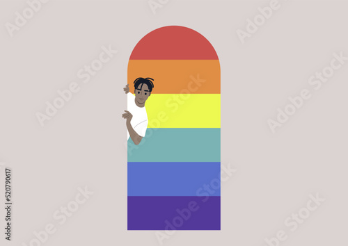 A young character peeking out of door, a coming out concept, a queer community safe space