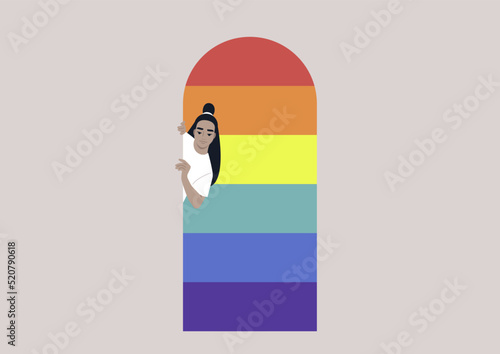 A young character peeking out of door, a coming out concept, a queer community safe space