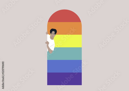 A young character peeking out of door, a coming out concept, a queer community safe space