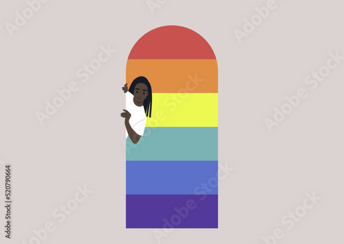 A young character peeking out of door, a coming out concept, a queer community safe space