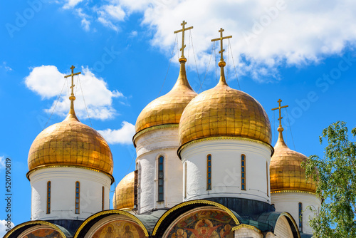Domes of Cathedral of Dormition (Uspensky Sobor) or Assumption Cathedral in Moscow Kremlin, Russia