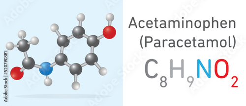 Acetaminophen (Paracetamol) C8H9NO2 molecule. Stick model. Structural Chemical Formula and Molecule Model. Chemistry Education