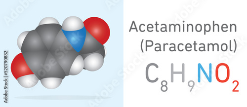 Acetaminophen (Paracetamol) C8H9NO2 molecule. . Space filling model. Structural Chemical Formula and Molecule Model. Chemistry Education photo