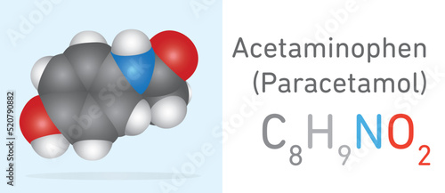 Acetaminophen (Paracetamol) C8H9NO2 molecule. . Space filling model. Structural Chemical Formula and Molecule Model. Chemistry Education