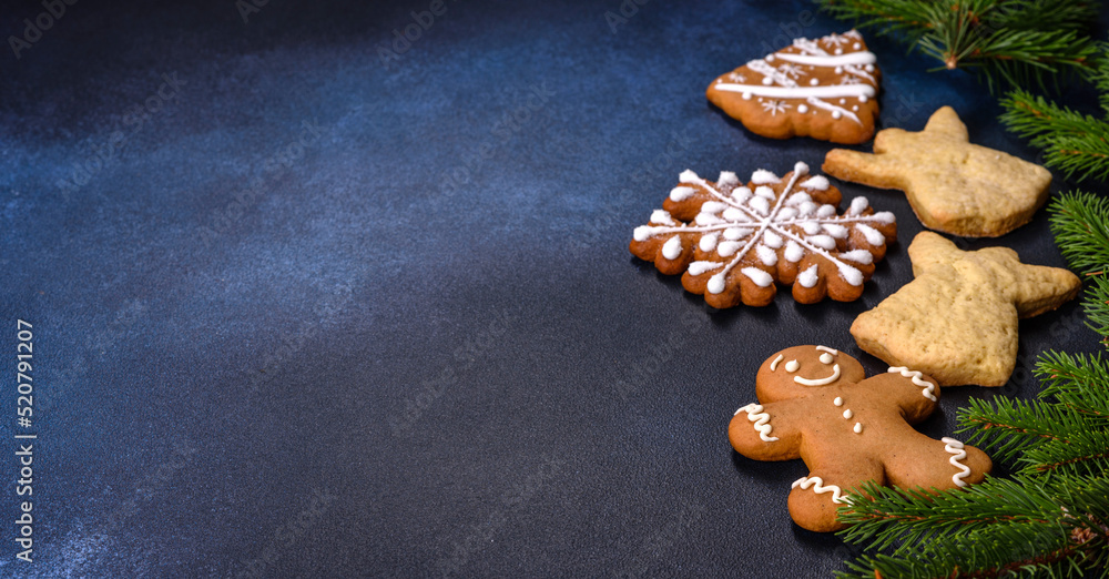 Delicious gingerbread cookies with honey, ginger and cinnamon. Christmas composition