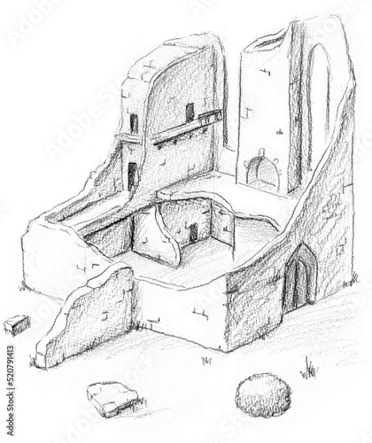 Hand pencil drawn castle ruins. Fantasy map creator.