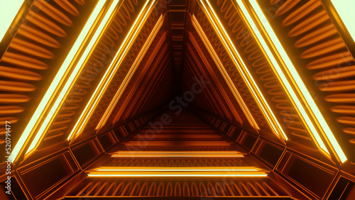 Orange triangular tunnel.Design. A bright abstraction in which a bright corridor with illuminated objects moves forward.