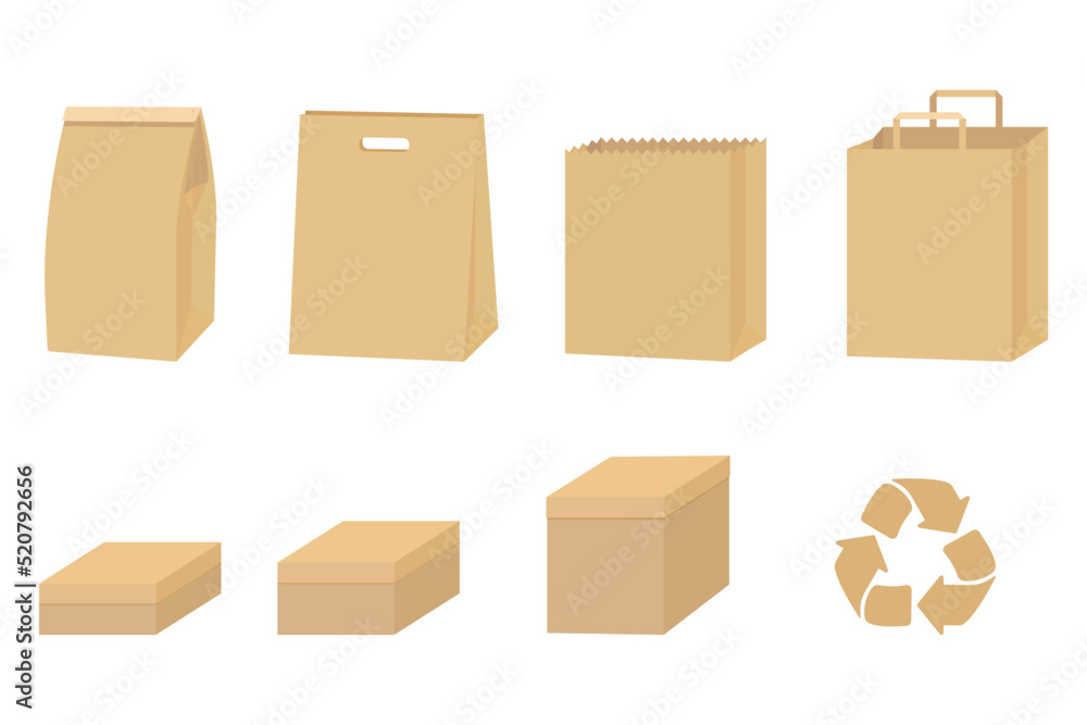 Set of cardboard packaging isolated on white. Recycled Paper box and bag Vector illustration Set of cardboard packaging isolated on white. Recycled Paper box and bag Vector illustration